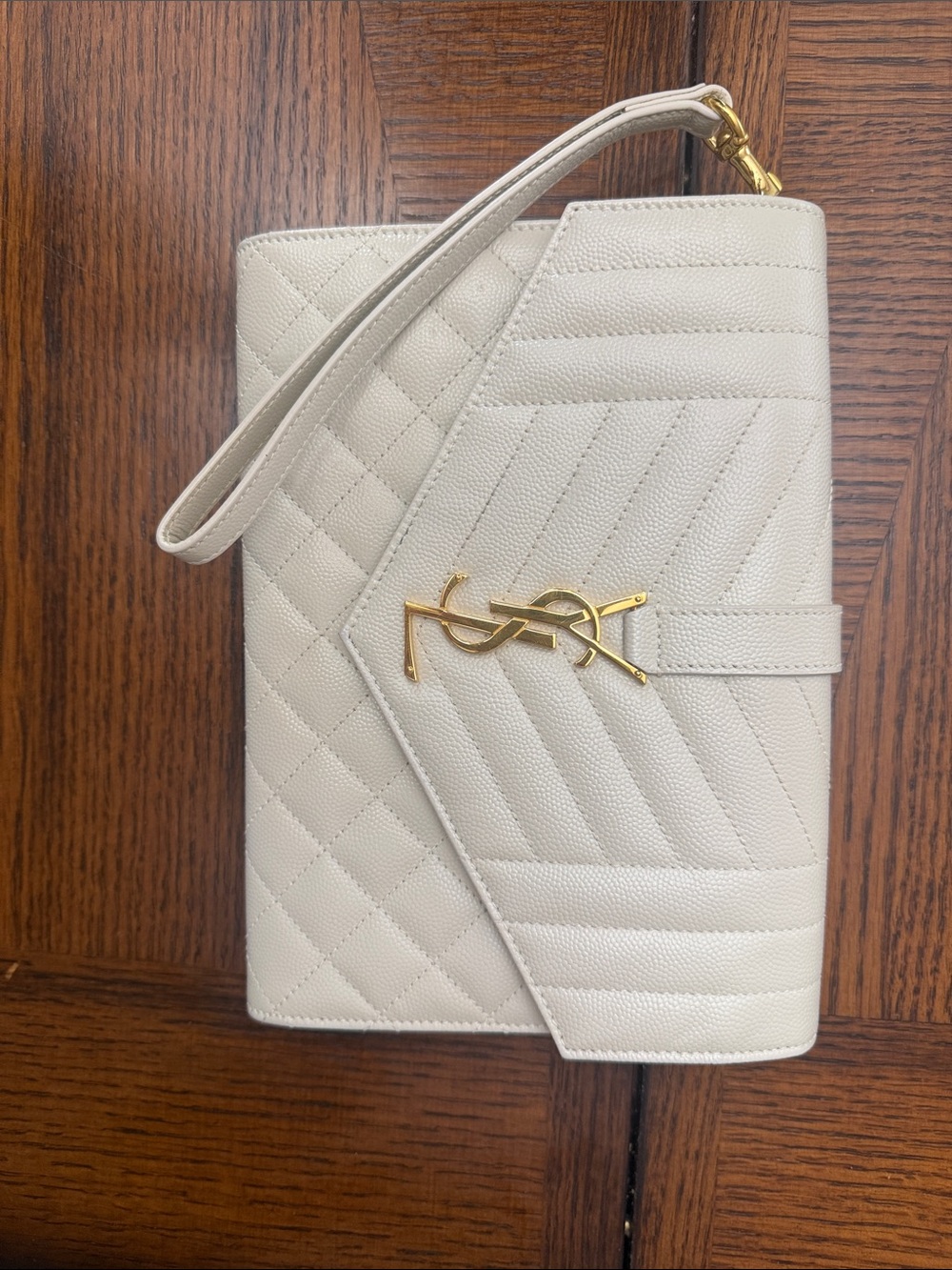 Saint Laurent Crema Soft Quilted Envelope Wristlet with Gold YSL Emblem - Picture 3 of 4